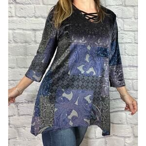 Chico's Patchwork Print Velour Whimsigoth Front Lace Assymetrical Hem Blouse